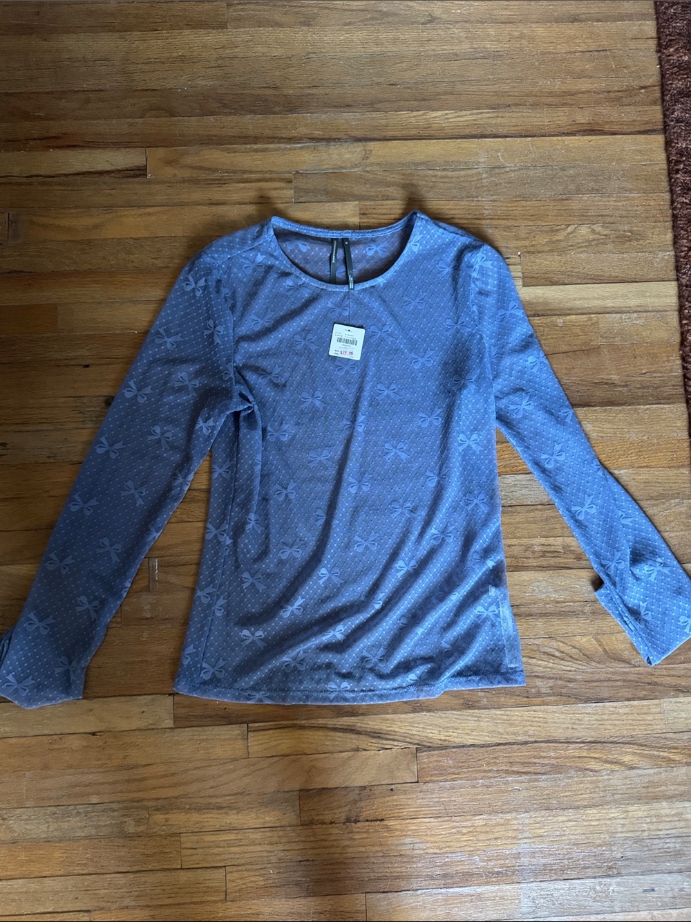 Anthropologie Women's Long-Sleeve Mesh Blue Patterned Crewneck Top